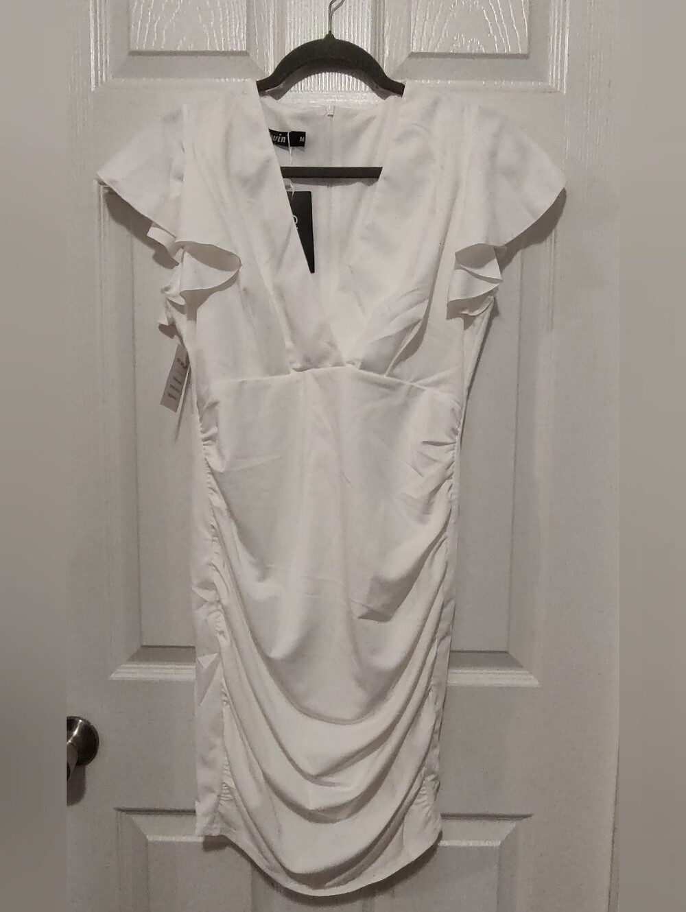Owin White V-Neck Ruffle Sleeve Midi Dress